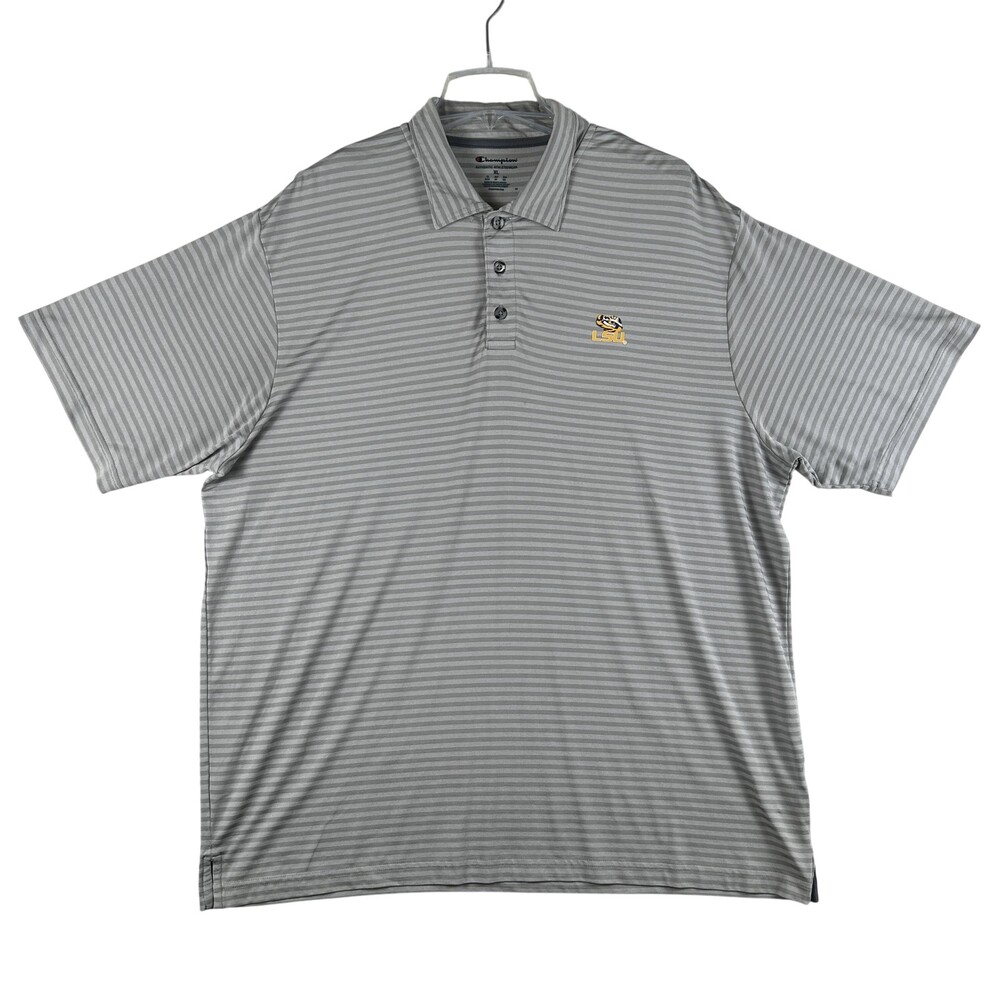 LSU Tigers Polo Shirt Mens XL Gray Striped NCAA Football Champion Polo